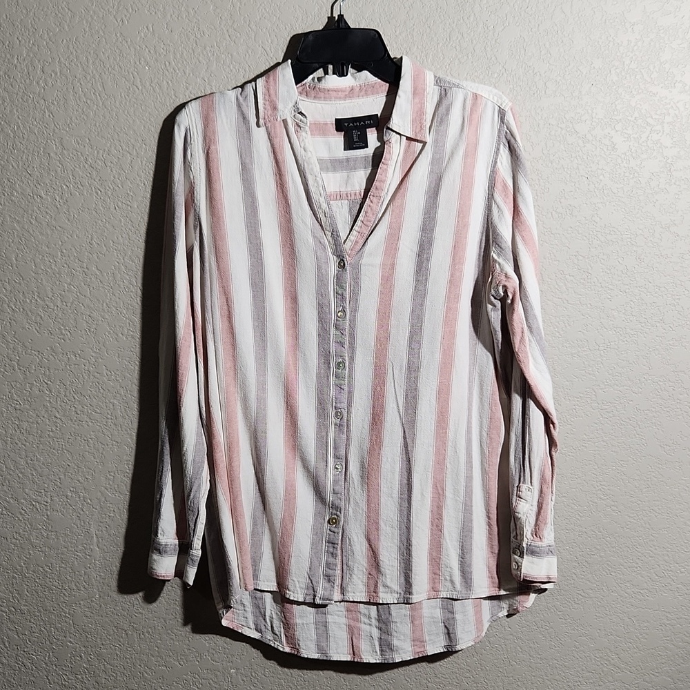 Tahari Womens Button Blouse Size L V Neck faded White blue gray rose